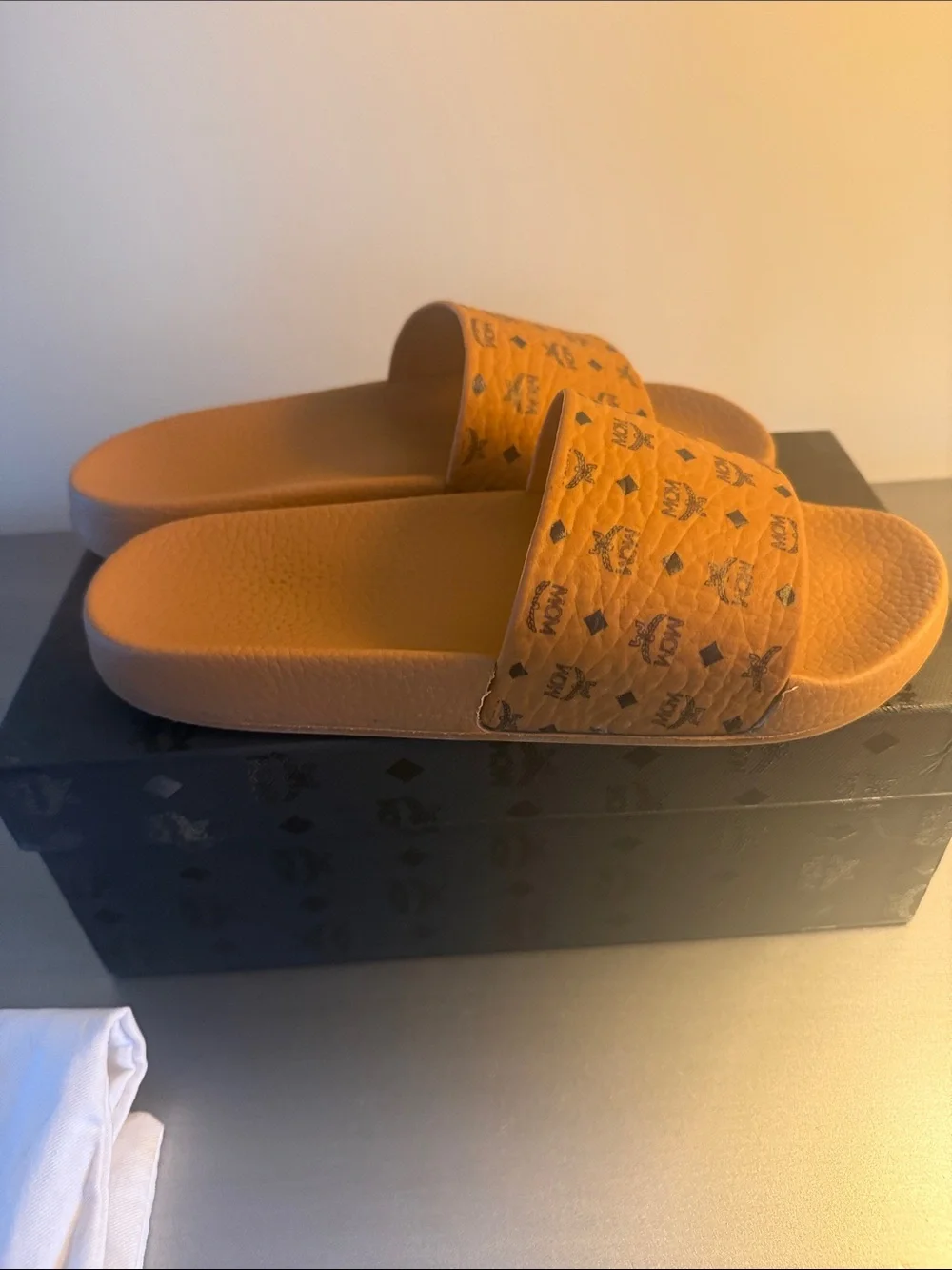 MCM Cognac/Tan Logo Slide Sandals